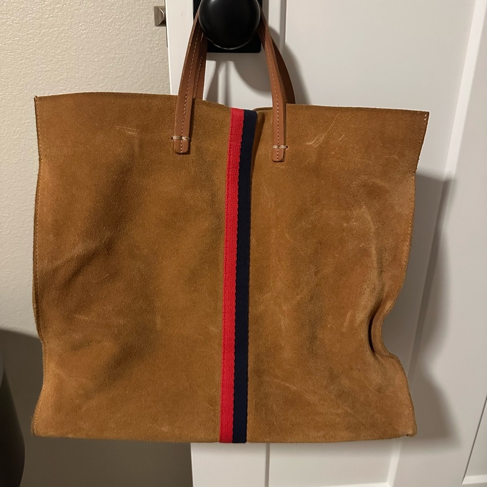 Clare V Tan Suede Tote with Red and Black Stripe